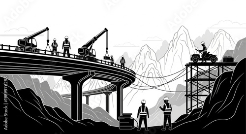 Construction workers build a large bridge with cranes and machinery.
