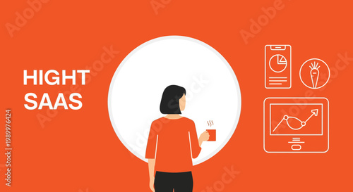 Woman Holding Coffee Looking at Business SaaS Analytics Vector