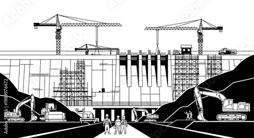 Massive Construction Project Underway with Cranes and Excavators.