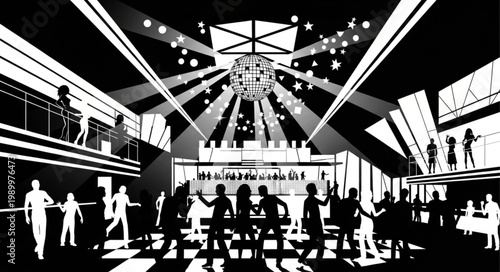 Nightclub scene with disco ball and dancing silhouettes.