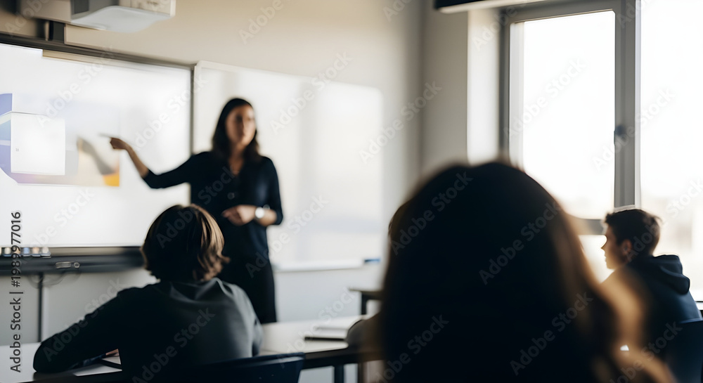 Fototapeta premium Teacher teaching students in contemporary classroom education scene .learning interaction knowledge sharing and modern academic environment.