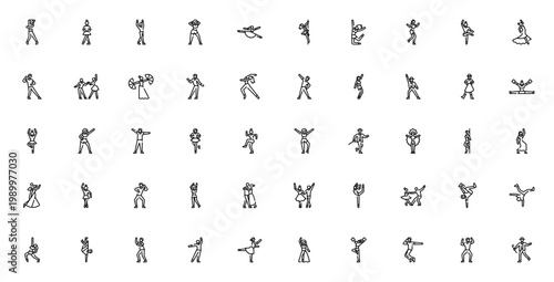 Dance styles icon set. Vector illustration of ballet, hip hop, salsa, flamenco, tap dance, breakdance, pole dance, samba, tango, belly dance and more.