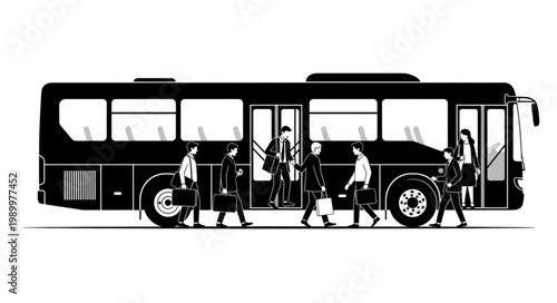 Silhouette of a bus with people boarding and disembarking.