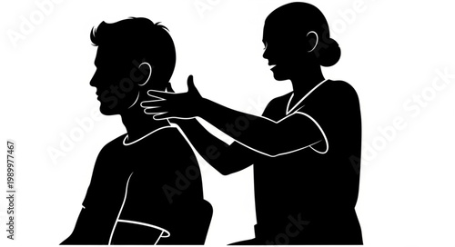 Silhouette of a person receiving a neck massage from another person.