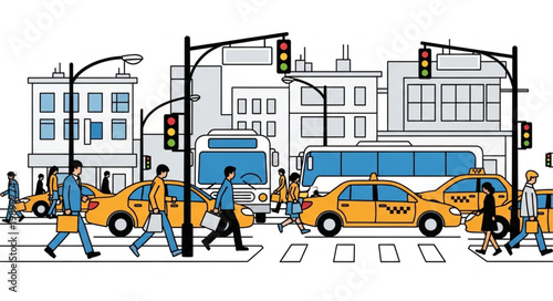 Busy City Street Scene with Yellow Taxis and Pedestrians Crossing.