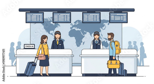 Airport Check-in Counter with Travelers and Staff.