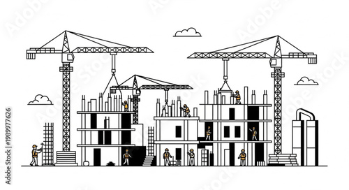 Construction Site with Cranes and Buildings Under Development.