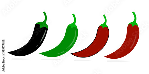 A collection of random chili illustrations. Hand-drawn red, green, and orange chilies. Chili vector icon.