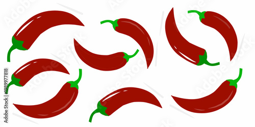 A collection of random chili illustrations. Hand-drawn red, green, and orange chilies. Chili vector icon.