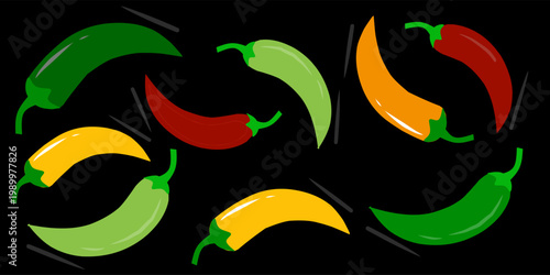 A collection of random chili illustrations. Hand-drawn red, green, and orange chilies. Chili vector icon.