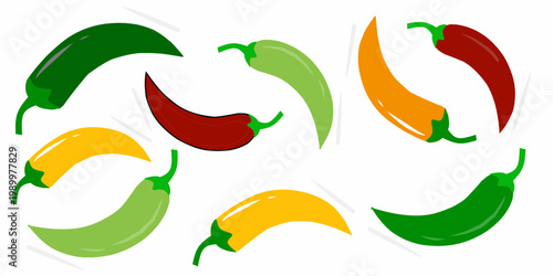 A collection of random chili illustrations. Hand-drawn red, green, and orange chilies. Chili vector icon.
