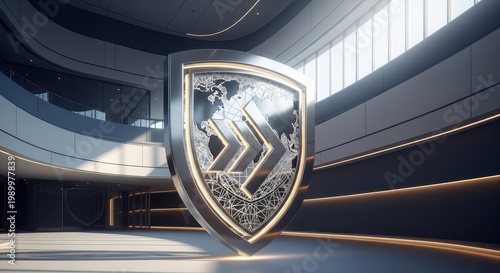 Modern curved interior space presenting an executive leader with 3D strategic shield emblem head symbolizing cohesive global strategy and future strategy