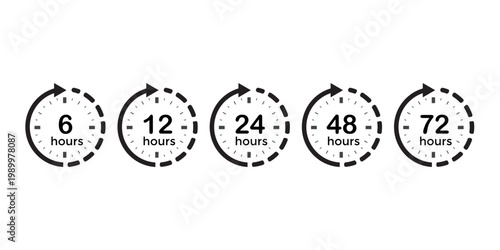 Time Interval Countdown Icons Set – 6, 12, 24, 48, 72 Hours Timer Clock Symbols for Deadlines, Delivery, and Scheduling Concepts