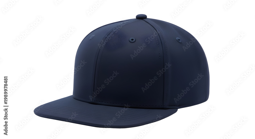 Fototapeta premium Navy blue snapback baseball cap mockup, blank flat brim hat for branding, classic six panel sports headwear isolated on white background