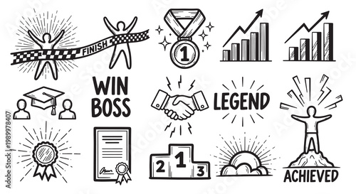 Success doodle vector set. hand drawn collection of achievement element like winning person, medal and growth chart.