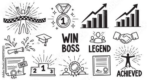 Success doodle vector set. hand drawn collection of achievement element like winning person, medal and growth chart.