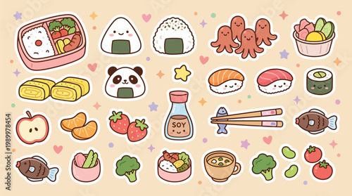 A charming collection of cute cartoon Japanese food stickers, including bento boxes, sushi, onigiri, fruits, and vegetables, on a light background with stars and hearts.