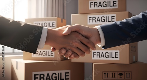 Person handling fragile cardboard boxes labeled 'fragile' in a warehouse setting hands fragile labels