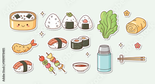 Cute cartoon Japanese food stickers featuring sushi, onigiri, tempura, dim sum, and other traditional dishes in a kawaii style.