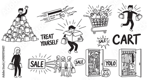 Shopping and consumerism doodle vector set featuring people with bags and retail sale concepts in hand drawn style.
