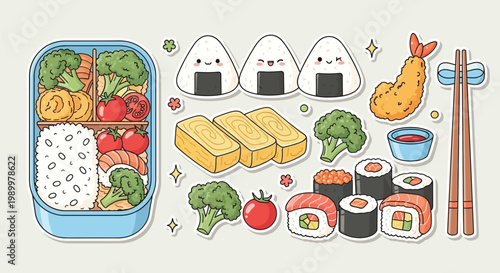 Cute cartoon illustration of a Japanese bento box and various traditional dishes like onigiri, sushi, tempura, and tamagoyaki with chopsticks and dipping sauce.