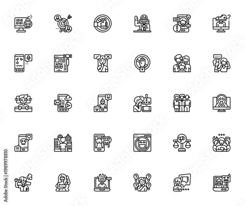 Cyberbullying icon set. Vector illustration pack featuring hacker, victim, chat, offensive, justice, stop bullying, scam, blocking, cyber attack and more. Editable stroke.
