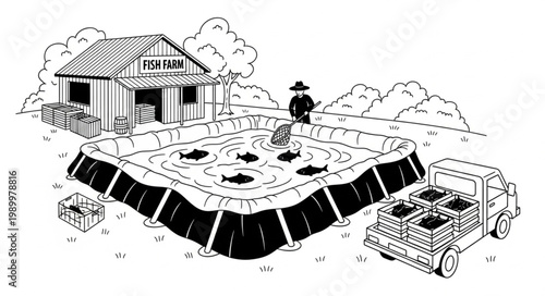 Fish Farm Aquaculture Operation with Truck and Building.