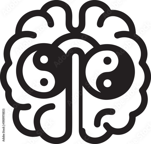 Human brain diagram featuring yin yang balance symbols in hemispheres.
