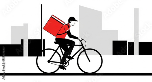 Delivery Person Riding Bicycle with Red Insulated Bag in City.