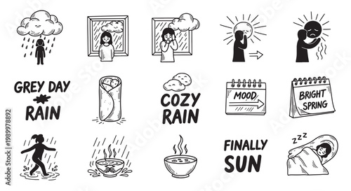 Seasonal affective disorder and grey weather themed doodle illustrations set with cozy items.
