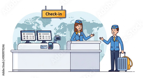 Airport Check-in Counter with Attendant and Traveler.