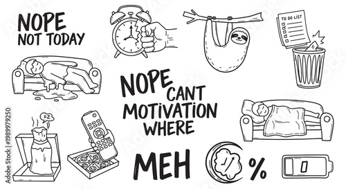 Hand drawn doodle set about lack of motivation and laziness with tired characters and symbols.