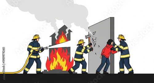 Firefighters bravely battling a raging house fire and rescuing a person.