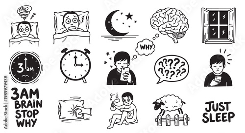 Insomnia and sleep disturbance line art doodle set with worried person, brain, and clocks, sleepless night concept.