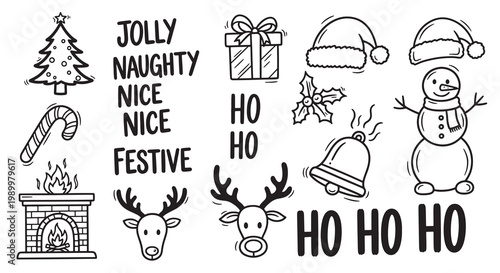 Christmas doodle collection with tree gifts snowman festive typography text vector illustration.
