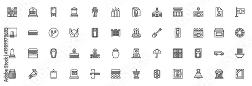 Funeral icon set. Vector symbols for burial, coffin, headstone, urn, cremation, church, cemetery and more. Minimal line illustration.