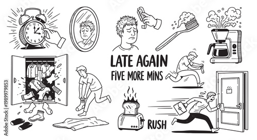 Hand drawn doodle set of morning commute stress and daily life struggles with character icons and text.