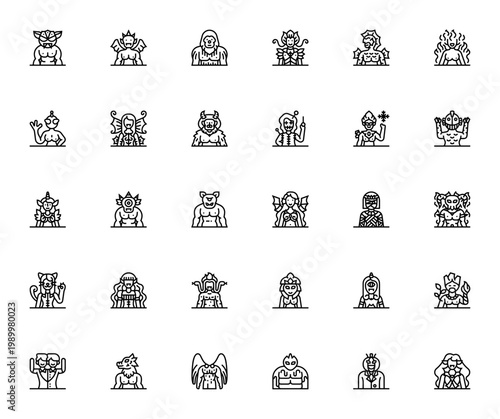 Monster icon set. Fantasy vector pack featuring beast, demon, alien, yeti, vampire, werewolf, unicorn, mummy, and more mythical creatures. Editable thin line icons.