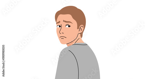 Illustration of a man with brown hair and a gray shirt looking over his shoulder on a white background.
