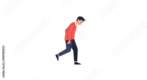 A cartoon man walking to the right with a slight lean, wearing a red shirt and blue pants on a white background.