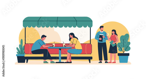 Illustration of people socializing and working under a green awning with a yellow background and plants.
