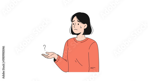 A young woman with short dark hair wearing an orange sweater holds her hand out with a question mark floating above it against a plain white background.
