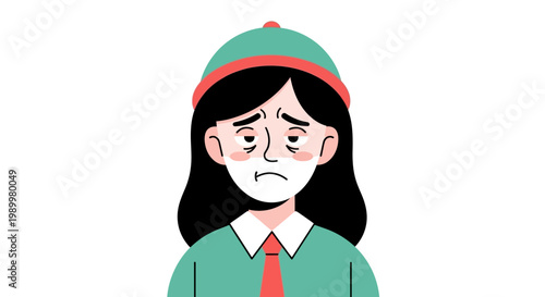Cartoon illustration of a displeased woman wearing a green shirt, red tie, and matching hat against a plain white background.