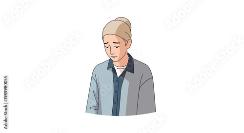 Illustration of a middle-aged woman with blonde hair wearing a gray jacket and blue shirt looking down against a white background.