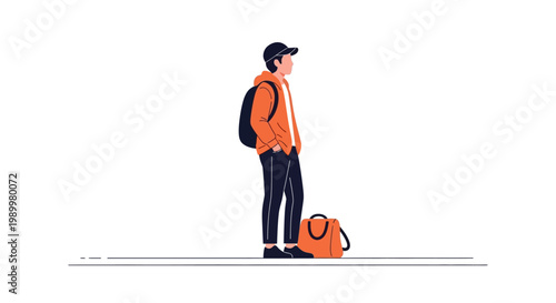 Man with backpack standing. Person with luggage. Traveler illustration. Simple flat design. Orange and black color. White background. Vector illustration.
