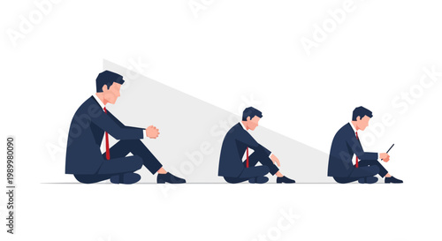 Businessman sitting in depression. Man feeling sad and stressed. Vector illustration of person with head down. Sorrowful office worker. Lonely businessman. Isolated flat design on white
