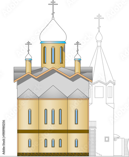 Colored architectural elevation of a Russian Orthodox church featuring onion domes with crosses, arched windows, multi-level structure, and partial line drawing view.