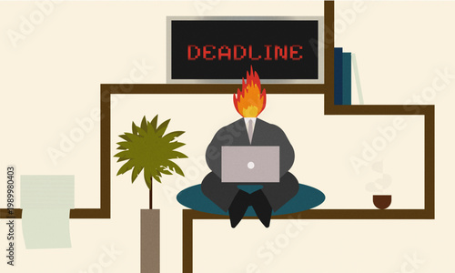  Illustration of deadline pressure and time stress in a corporate environment. A small worker sits under a giant clock, symbolizing urgency, workload, and the pressure of meeting deadlines