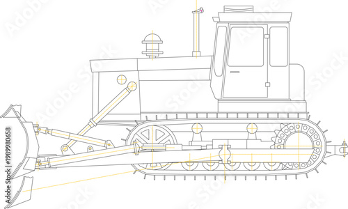 Technical engineering drawing showing a side elevation of a bulldozer featuring tracks, a front blade with hydraulic arms, and a cabin, overlaid with yellow construction lines.