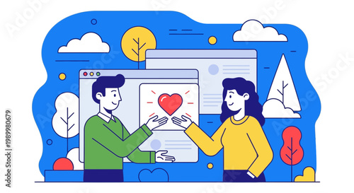 Couple Sharing Digital Love and Heart Connection Vector Illustration